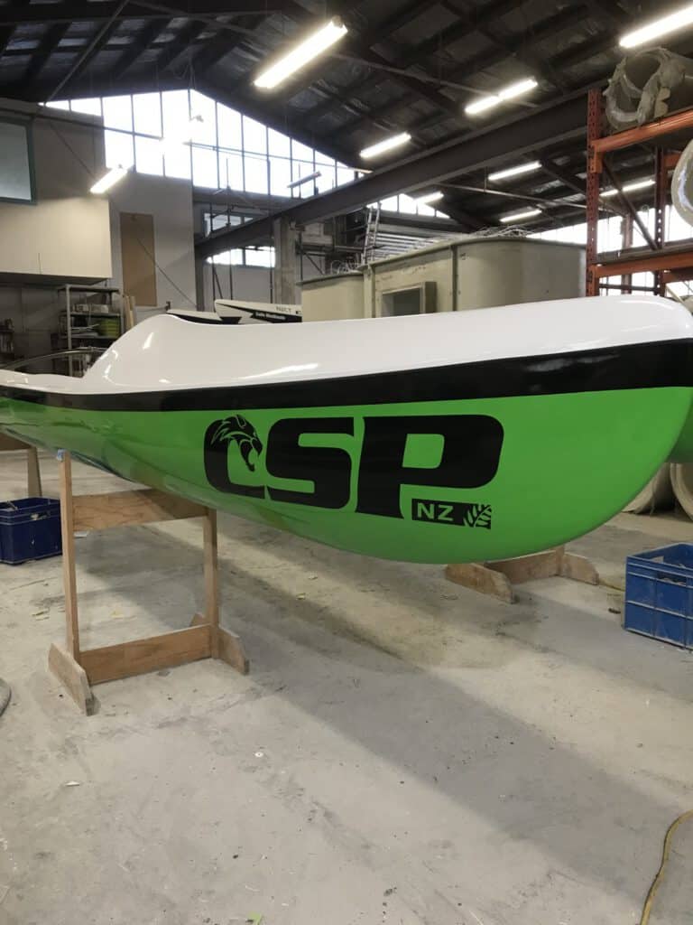 The WIldCat surf canoe being produced in The Composite Groups Christchurch factory